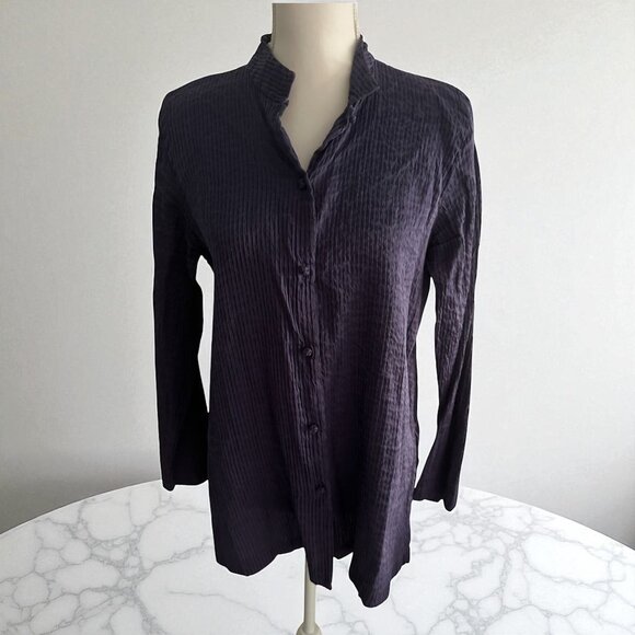 EILEEN FISHER Navy Pleated Tunic Button Down Blouse Size Medium - Picture 1 of 5